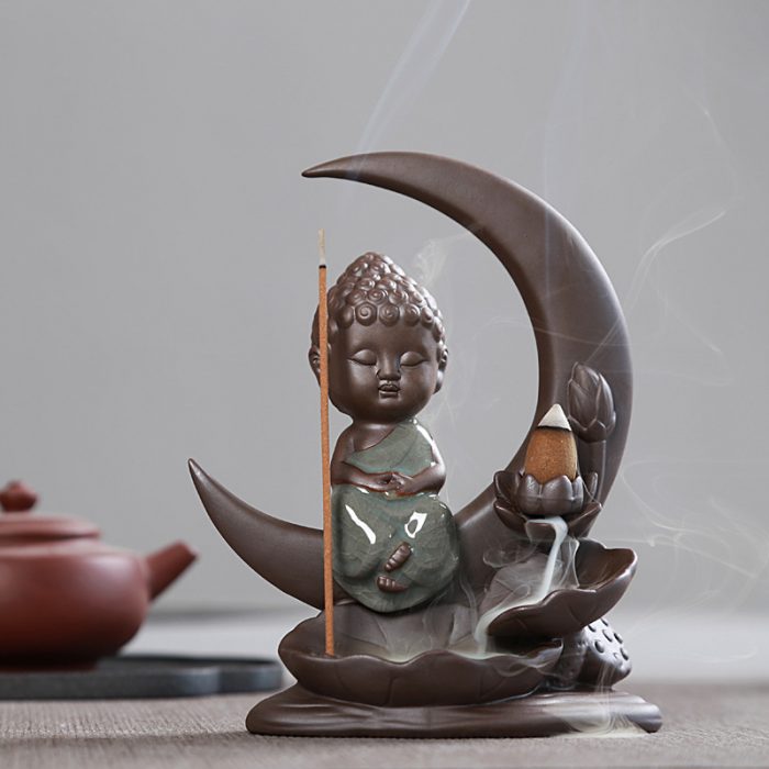 Porte Encens de Bouddha assis sur une lune avec sa fleur de lotus